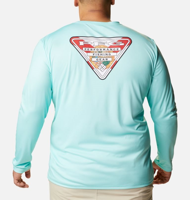 Men's Columbia PFG Terminal Tackle State Triangle Long Sleeve Sweatshirts Turquoise | Plus Size CA-PLA05